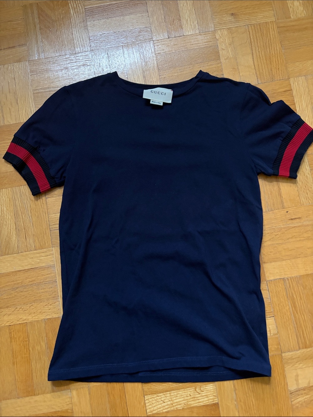 Gucci Navy Tee with Red Sleeve Stripes